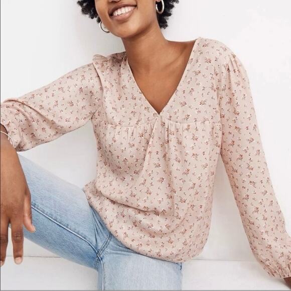 MADEWELL WOMEN'S LIGHT PINK FLORAL SILKY PEASANT BLOUSE SIZE SMALL - Picture 1 of 8